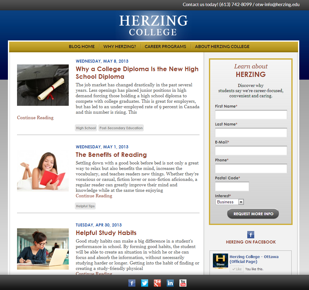 Herzing college blog page screen grab
