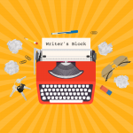 Graphic of a typewriter with the word writer's block coming out. Writer's Block Can Be Difficult