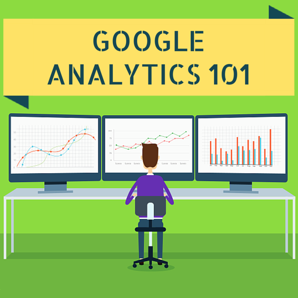 Graphic of person sitting at a desk with thee monitors in front of him with the heading Google Analytics 101
