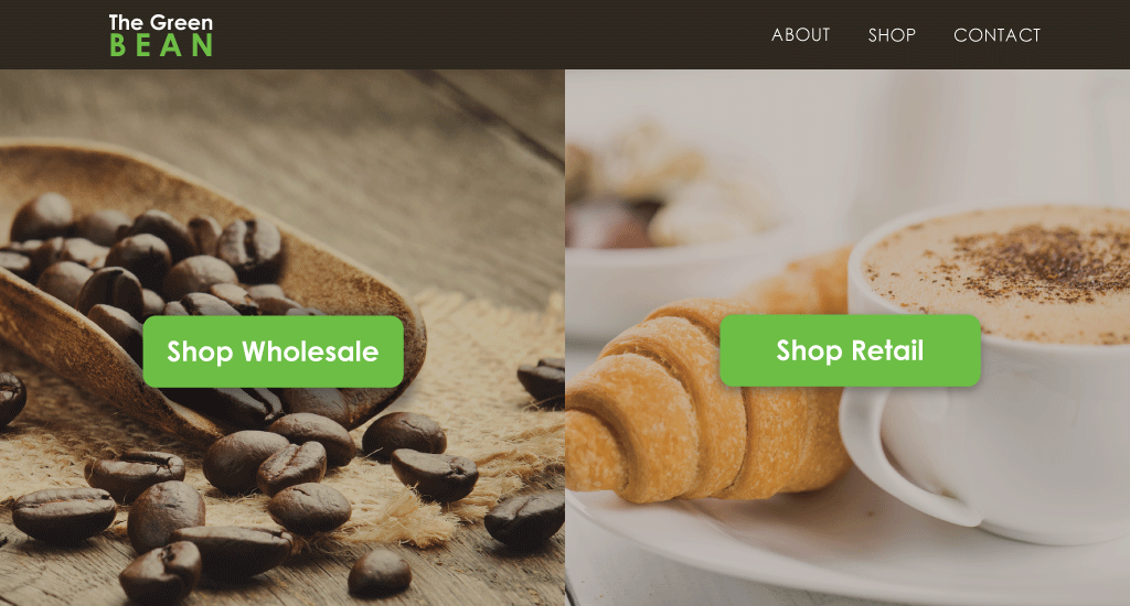 A split-screen homepage of a coffee shop website with two entry buttons, one for Wholesalers and one for the retail store