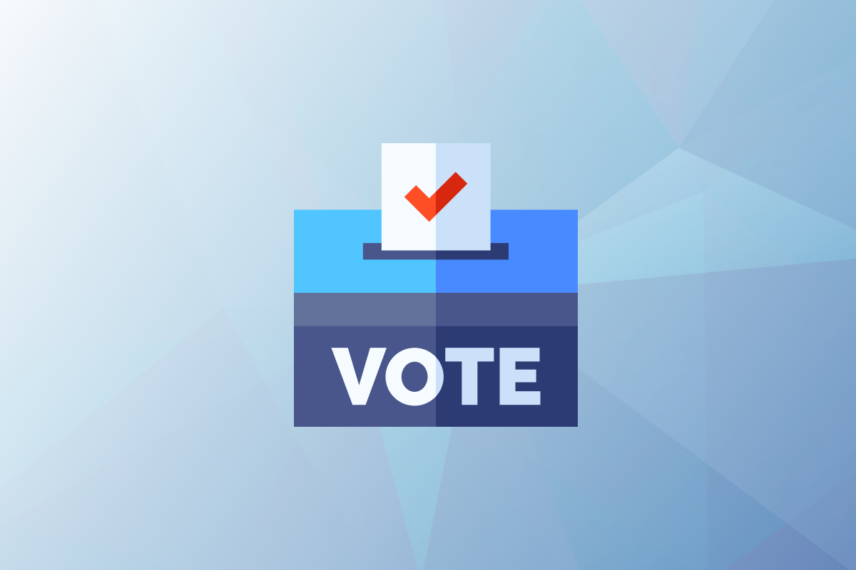Image on standard seoplus+ blue triangle background, with illustration of a voting ballot box in the centre.