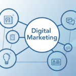 Image on standard seoplus+ blue triangle background. In the foreground at the centre are the words "Digital Marketing," surrounded in a network of icons related to digital marketing and representing various approaches such as strategy and social media.