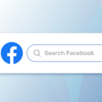 Graphic on the standard seoplus+ blue triangle background of the Facebook logo next to a Facebook search bar.