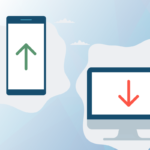 Graphic on the standard seoplus+ blue triangle background of a cellphone with a green arrow pointing up, and a computer with a red arrow point down.