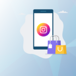 Graphic of a cellphone with the Instagram logo on the screen and shopping bags in front of it. Social media shopping.