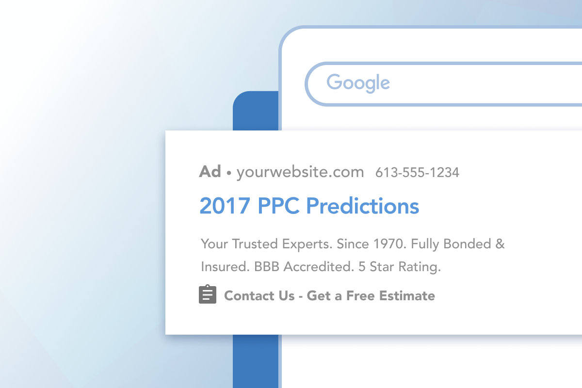 Image on standard seoplus+ blue triangle background, with desktop illustration in the foreground. On the desktop is a Google search Ad with the text "2017 PPC Predicitions" along with other text mimicking the content of a standard local Google search ad (such as ad copy, phone number etc.)