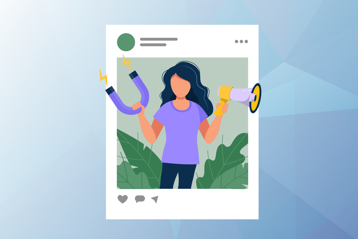 Graphic on the standard seoplus+ blue triangle background of character holding a magnet and a megaphone standing in front of a social media post.