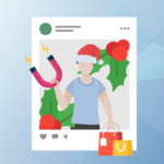 Graphic of character holding a magnet and shopping bags with a Santa hat on standing in front of a social media post.