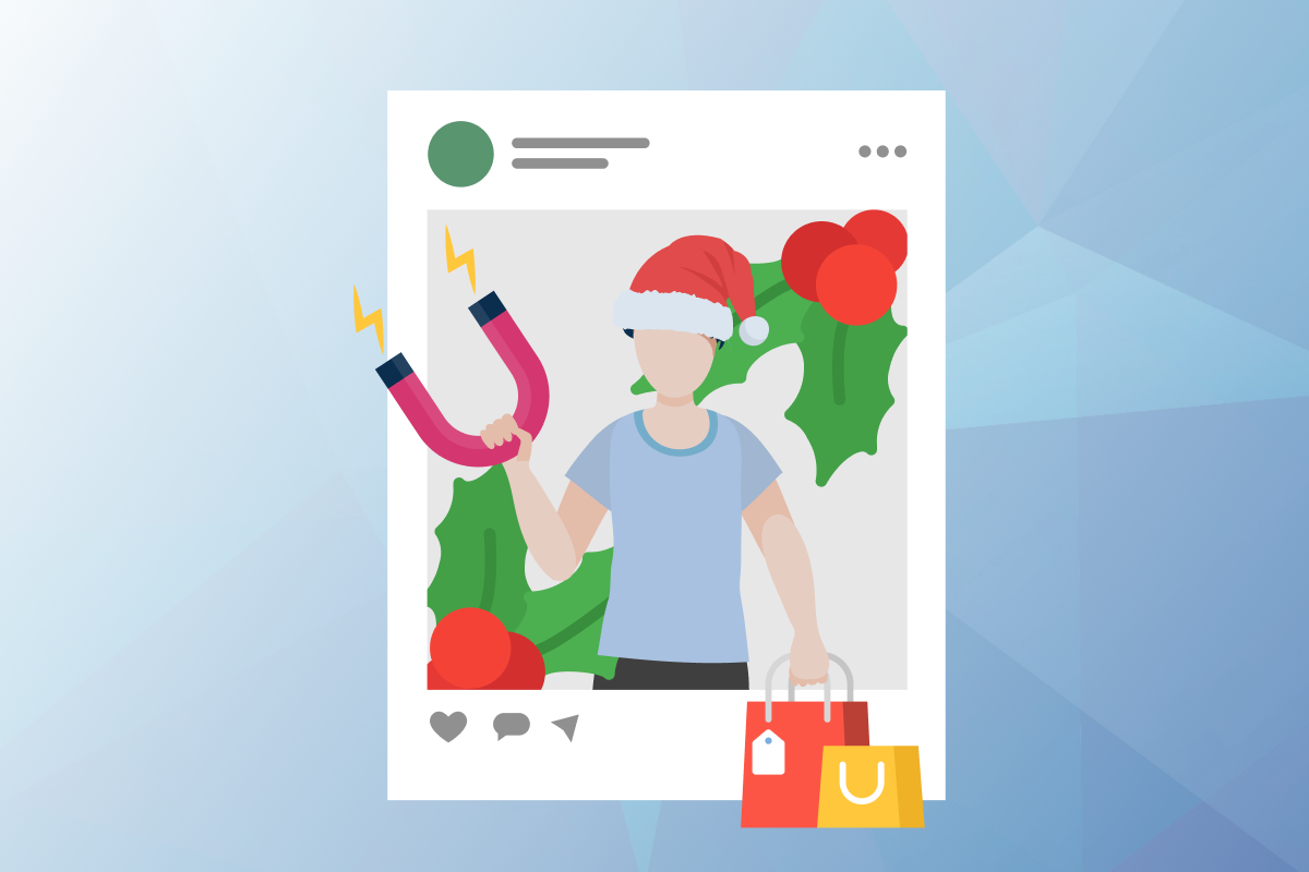 Graphic of character holding a magnet and shopping bags with a Santa hat on standing in front of a social media post.