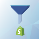 Funnel going down into the Shopify logo on the standard seoplus+ blue triangle background