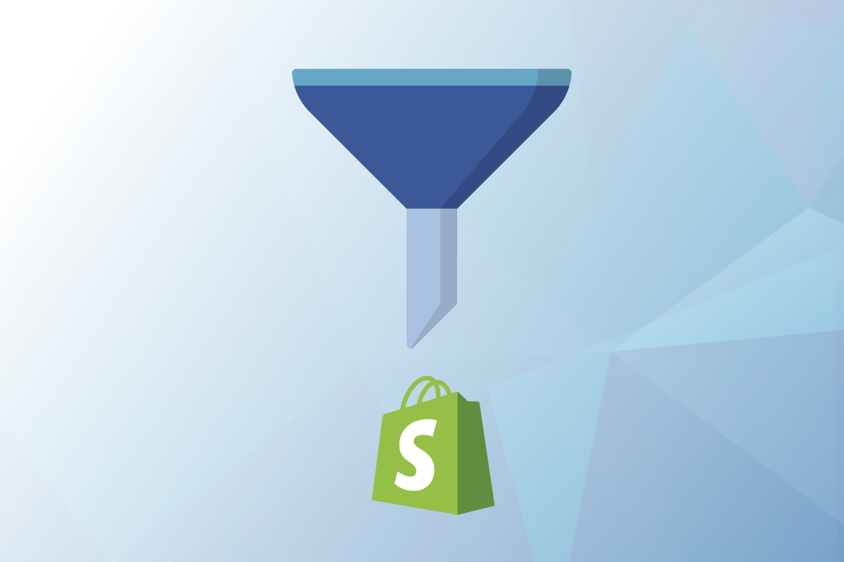 Funnel going down into the Shopify logo on the standard seoplus+ blue triangle background