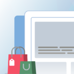 Graphic of corner of a computer monitor that has shopping bags in the foreground to represent Ecommerce
