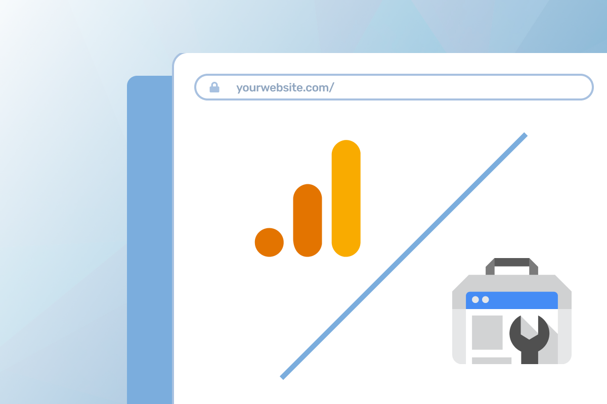 Split screen of the Google Analytics & Search Console logos on the standard seoplus+ blue triangle background