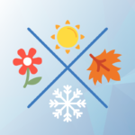 Graphic on the standard seoplus+ blue triangle background of 4 icons that represents the seasons