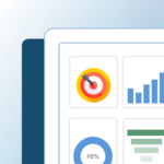 Graphic of corner of a computer monitor that has graphs and charts on it on the standard seoplus+ blue triangle background