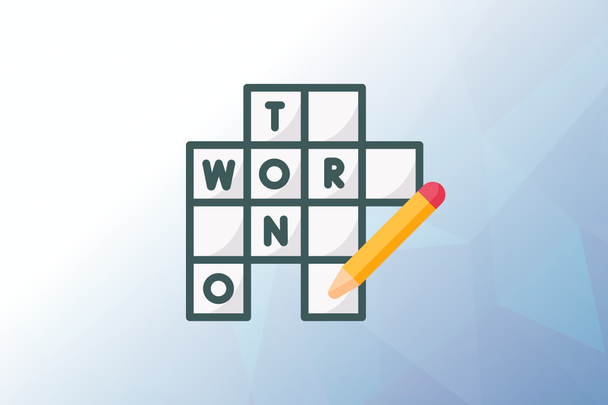 Graphic of pencil filling in a crossword puzzle on the standard seoplus+ blue triangle background
