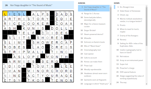 New York Times crossword screenshot showing the word "Liesl" highlighted