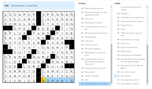 New York Times crossword screenshot showing "Moranis" highlighted