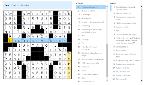 New York Times crossword screenshot showing the name "Scrooge McDuck" highlighted