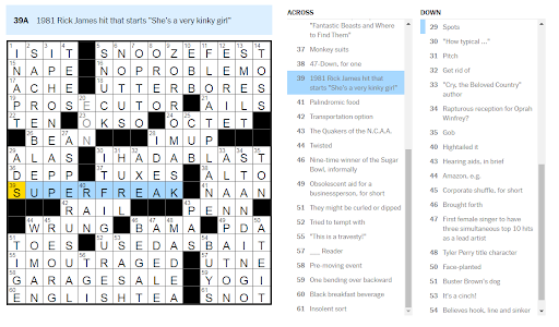 New York Times crossword screenshot showing the word "Superfreak" highlighted