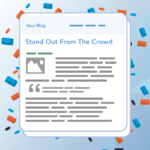 Graphic of a blog page on standard seoplus+ blue triangle background, the blog title is stand out from the crowd.