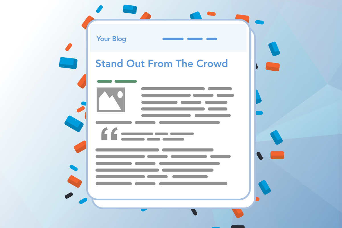 Graphic of a blog page on standard seoplus+ blue triangle background, the blog title is stand out from the crowd.