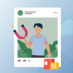 Graphic of character holding a magnet and shopping bags standing in front of a social media post.