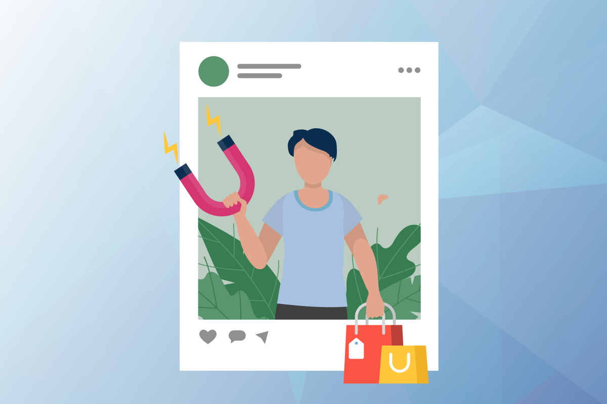 Graphic of character holding a magnet and shopping bags standing in front of a social media post.
