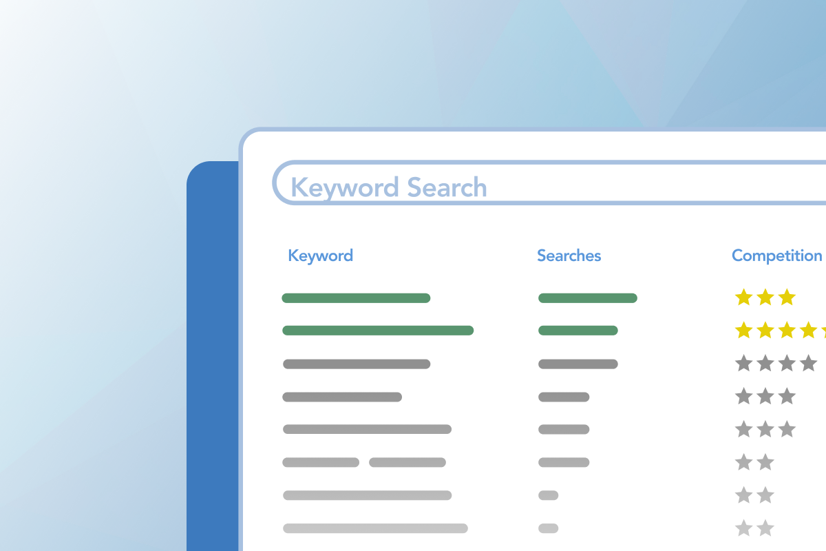 Keyword Search Results page on the standard seoplus+ blue triangle background