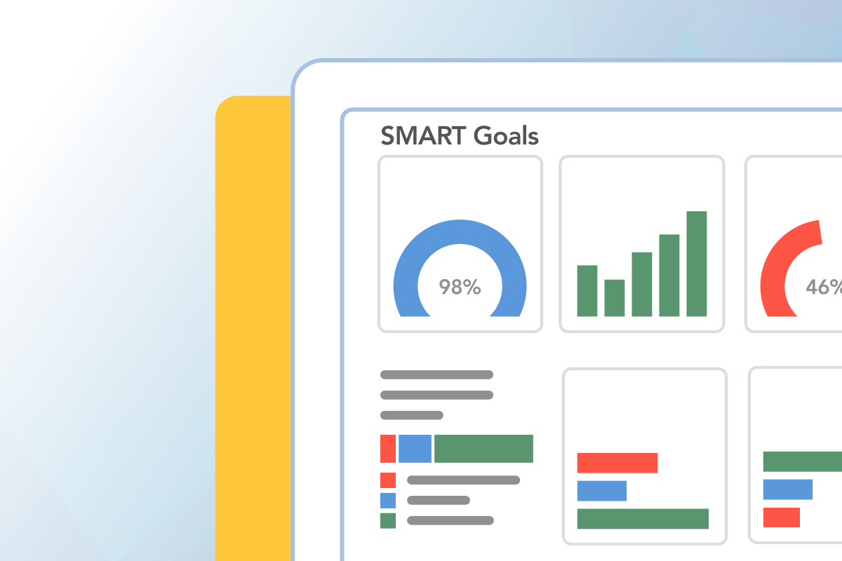 Graphic of a computer monitor and on the monitor are graphs and charts with the title SMART goals
