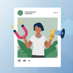 Graphic of character holding a magnet and a megaphone standing in front of a social media post.