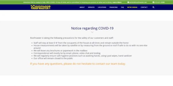 Screenshot of website with COVID notice