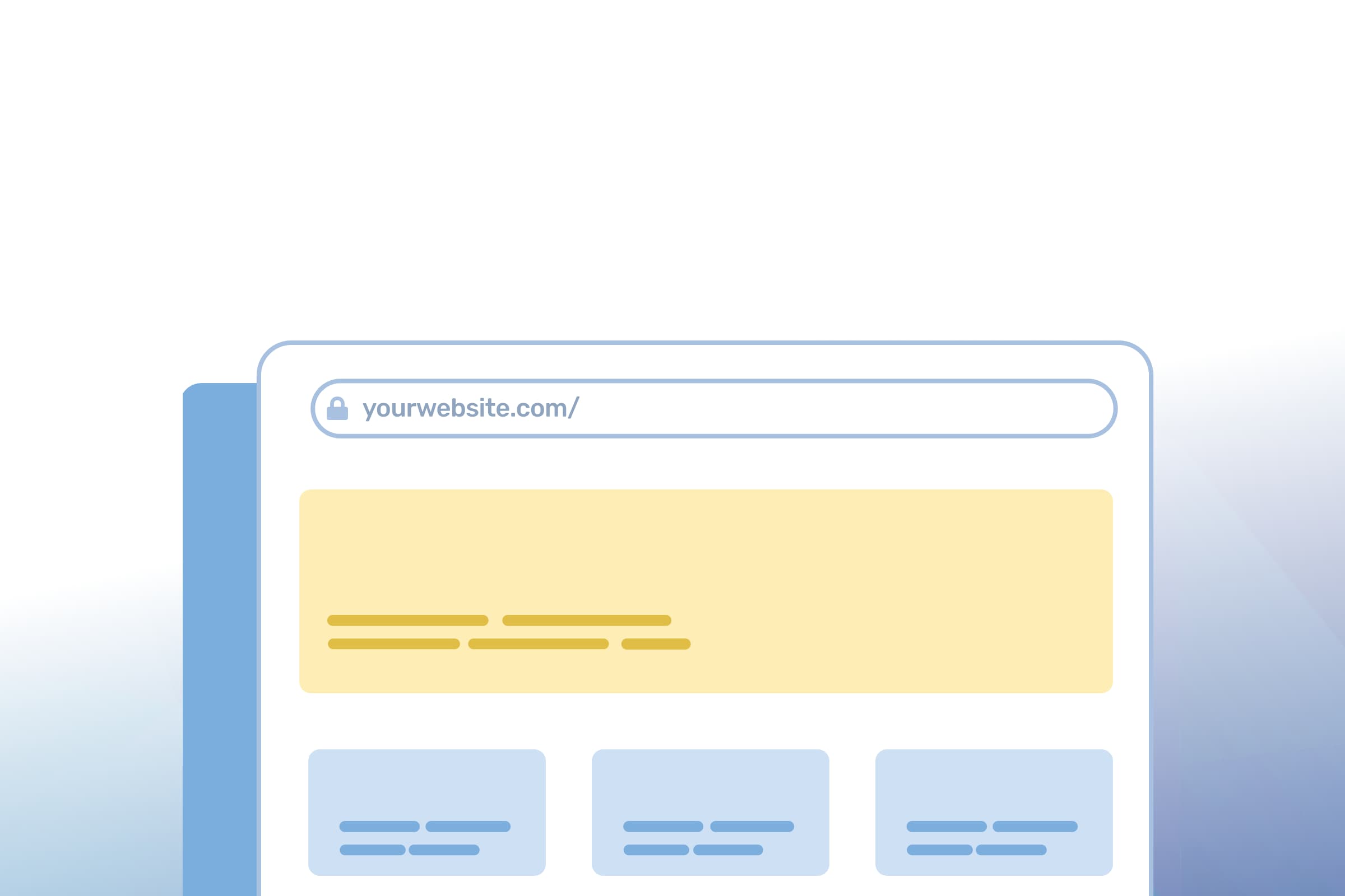 Graphic of a webpage with yourwebsite.com typed into the URL on the standard seoplus+ blue triangle background