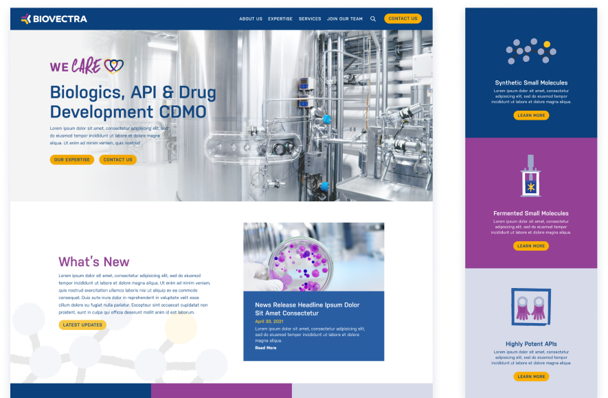 Screen grab of Biovectra's website homepage to show an example seoplus+ web design work.