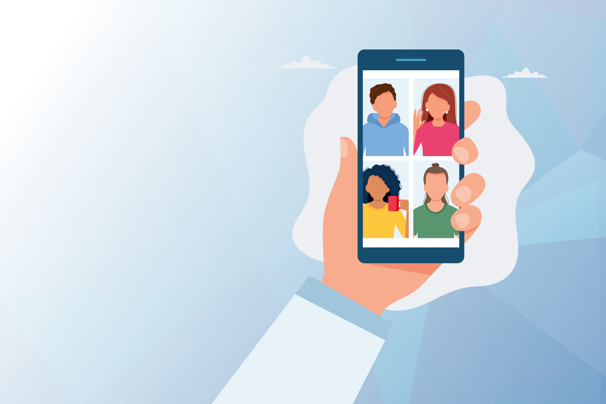 Graphic of hand holding up a cellphone. On the screen is 4 people on a video call.