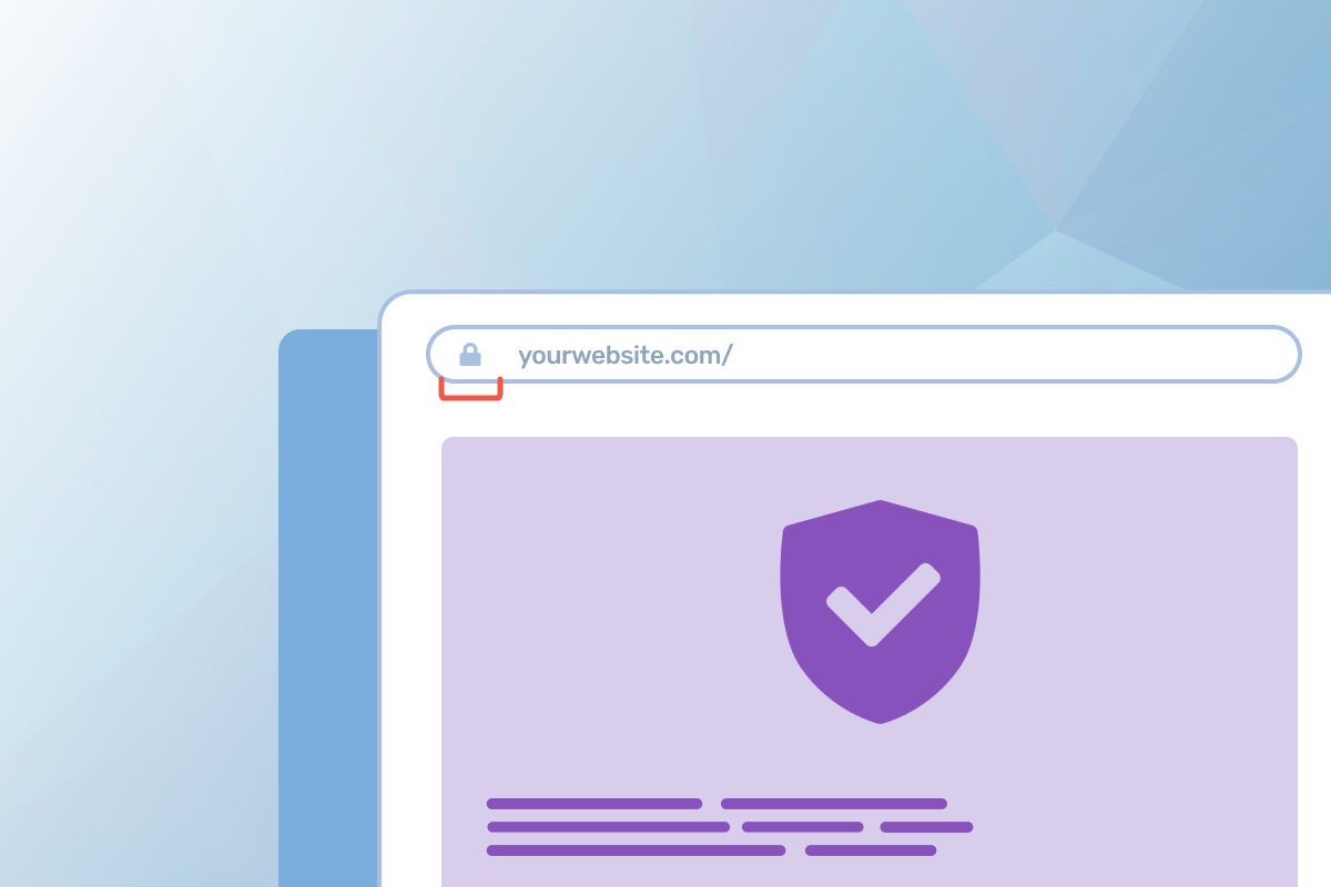 Graphic of web browser with yourwebiste.com in the search bar and a purple shield on the page.