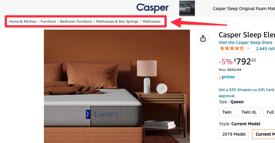 Example Amazon breadcrumb navigation for mattress.