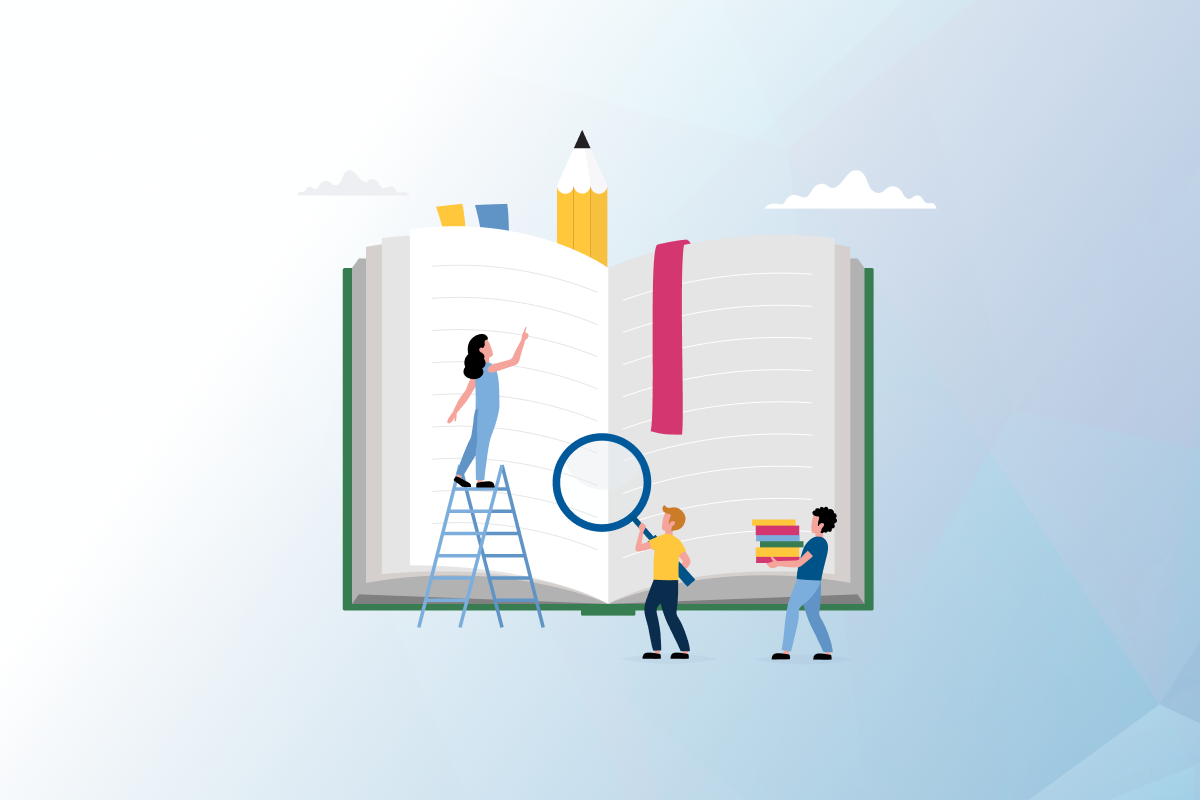 Graphic of a large opened book with three character in front of it. One on a ladder, one holding books and one holding a magnifying glass.
