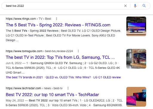 Screenshot example of a commercial intent Google search results page. This page shows search results for the keyword "best TVs 2022."