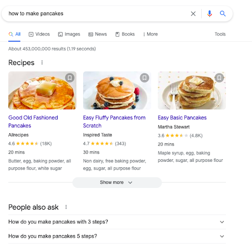 Screenshot example of a informational intent Google search results page. This page shows search results for the keyword "how to make pancakes."