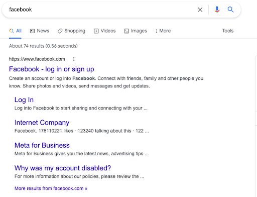 Screenshot example of a navigational intent Google search results page. This page shows search results for the keyword "Facebook."