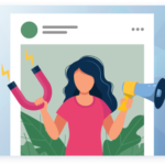 Image on standard seoplus+ blue triangle background, with illustration of a social post. A woman is in the middle holding a magnet in one hand and megaphone in the other.