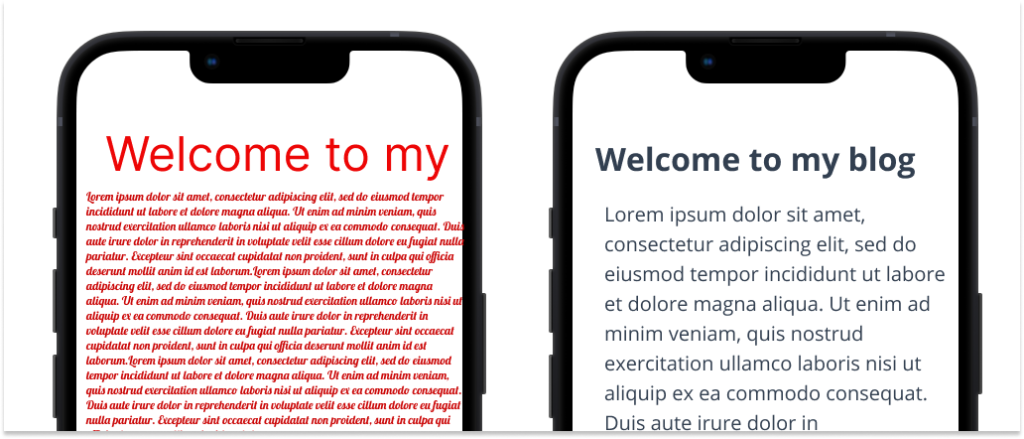 Two mobile phones side-by-side. Phone on the left has font that is difficult to read; phone on right had font that is easy to read.