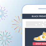 Graphic on standard seoplus+ blue triangle background. In the foreground is a mobile device with an ecommerce website and a black friday sale, featuring a shoe on sale.