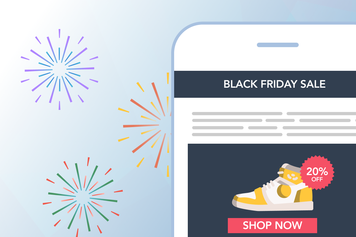 Graphic on standard seoplus+ blue triangle background. In the foreground is a mobile device with an ecommerce website and a black friday sale, featuring a shoe on sale.
