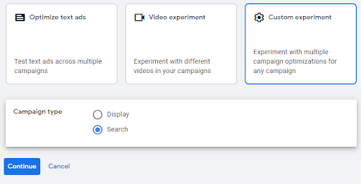 First screenshot of settings in the Google Ads Experiment view