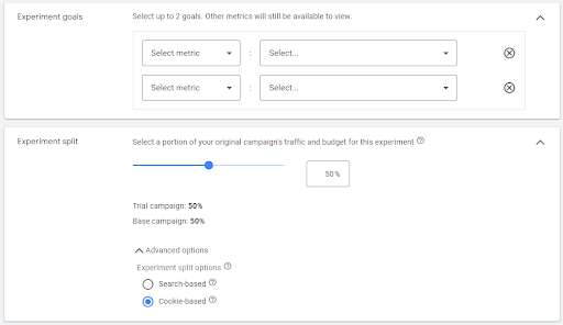 Second screenshot of settings in the Google Ads Experiment view