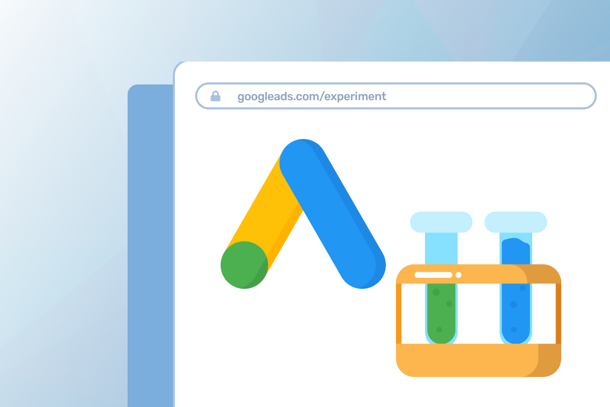 Graphic on standard seoplus+ blue triangle background. Desktop screen in foreground with Google Ads logo and test tubes representing Google Ads experiments.