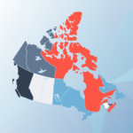 Graphic on standard seoplus+ blue triangle background with a map of Canada in the foreground