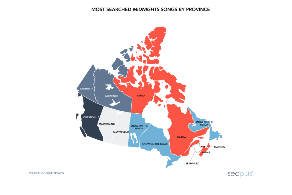 Map of Canada with the most searched Taylor Swift songs by province